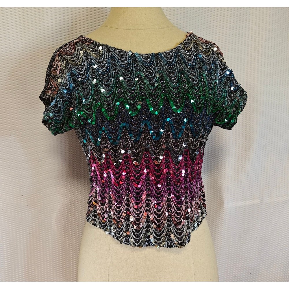 Vintage 80s Multicolor Sequin Metallic Crop Top Short Sleeves Party Shirt